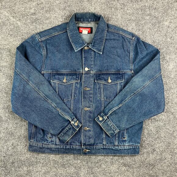 Wrangler Hero Denim Jacket Mens L Blue Jean Button-Up Vintage Classic Trucker - Picture 1 of 9